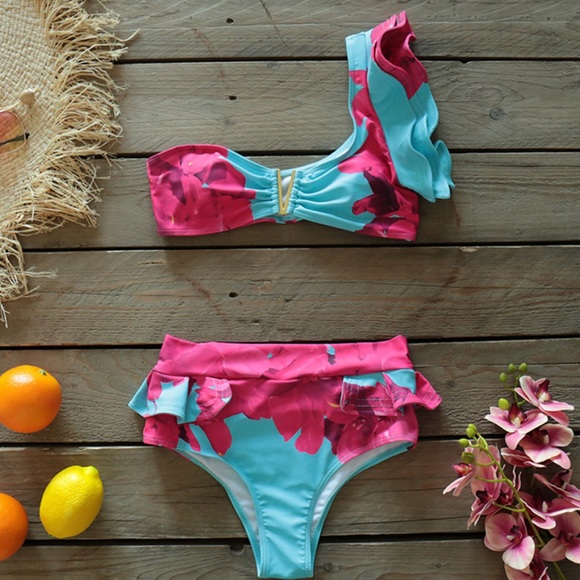 Pink and Blue Floral Ruffle Swimsuit - Picture 3 of 8